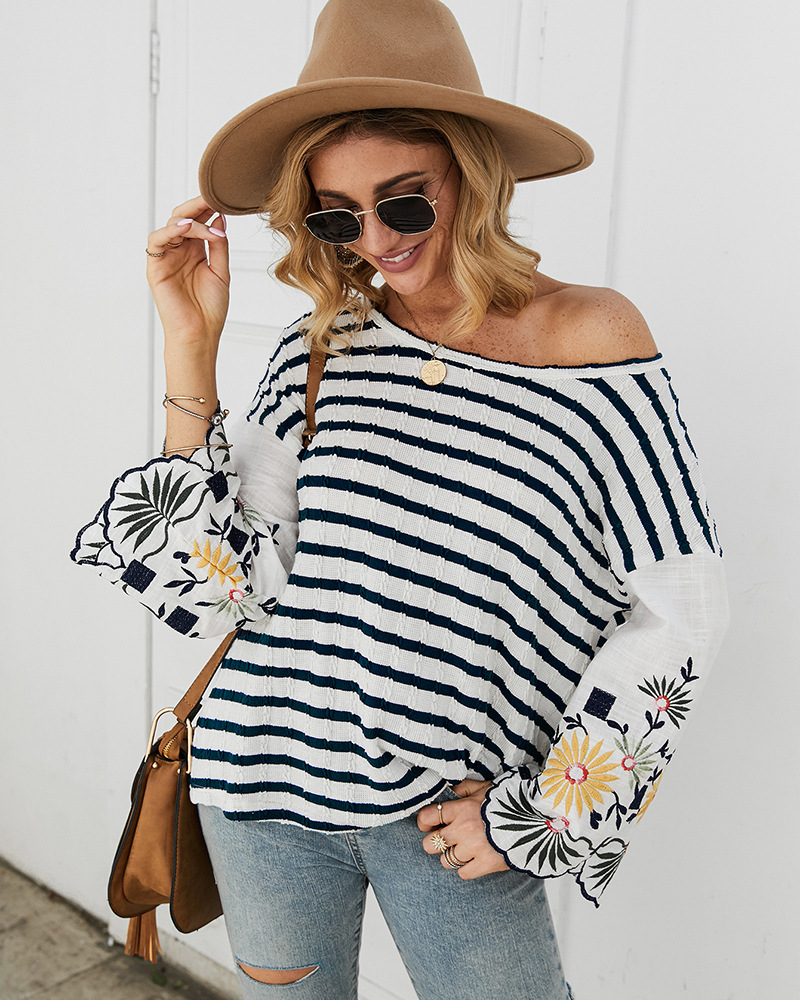 fashion embroidered striped T-shirt  NSKA8513