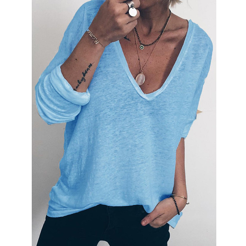  casual loose long-sleeved V-neck printed T-shirt NSKX5951