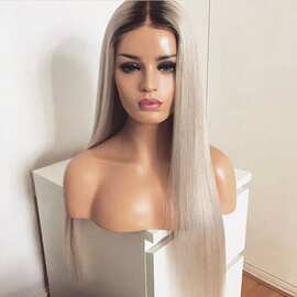 跨境专供 欧美假发 女士银灰色中分长直发头套 假发工厂批发