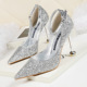 6566-3 European and American sexy pointed shallow high-heeled shoes with one-word band nightclub sequined sandals and fine-heeled professional OL women's shoes