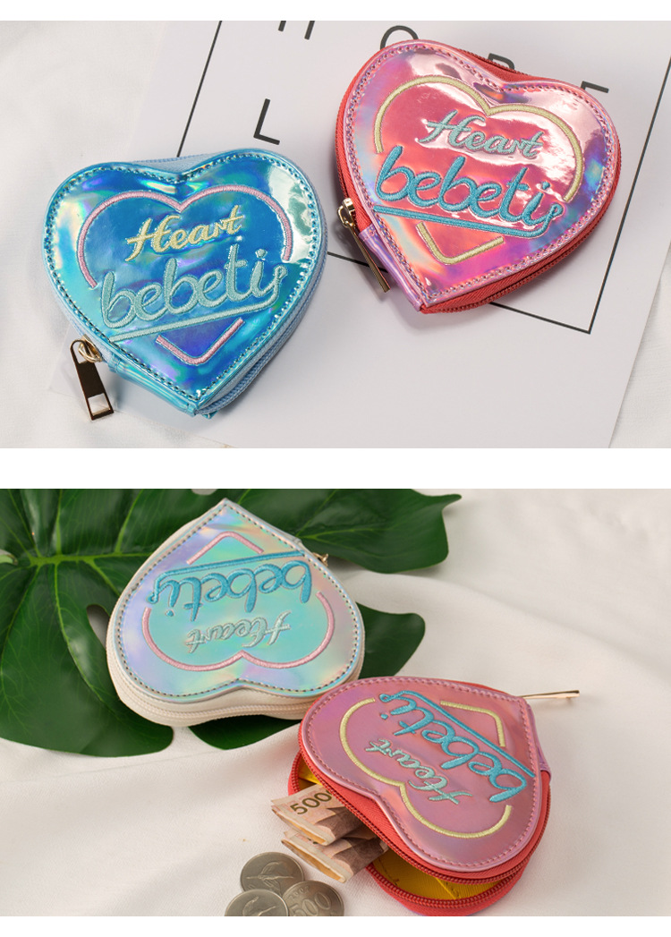 Fashion Peach Heart Embroidery Small Purse Laser Outer Case Coin Purse Coin Key Storage Bag Earphone Bag display picture 6