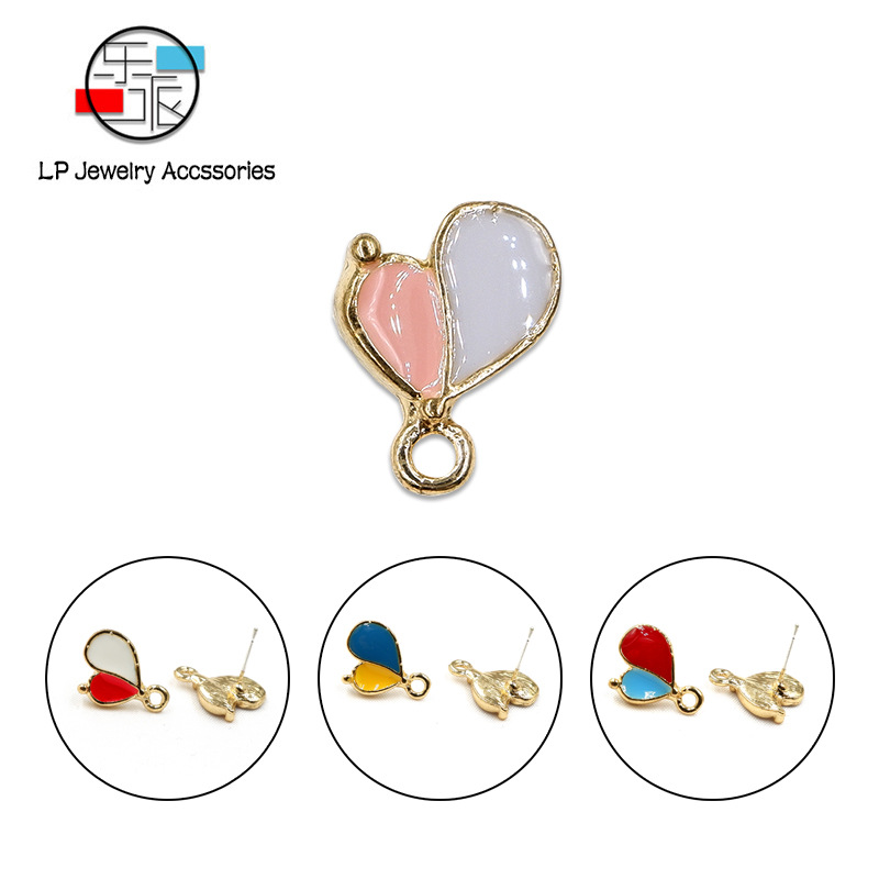 韩国东大门双色滴油心形银针耳钉 手工耳饰DIY材料 合金饰品配件|ru