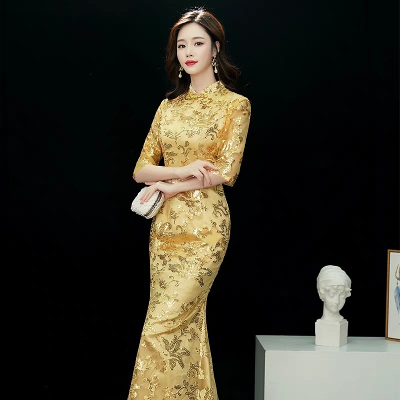 Fishtail Improved Cheongsam Long Chinese dress qipao Fashion Edition Annual Party Evening Dress for Women
