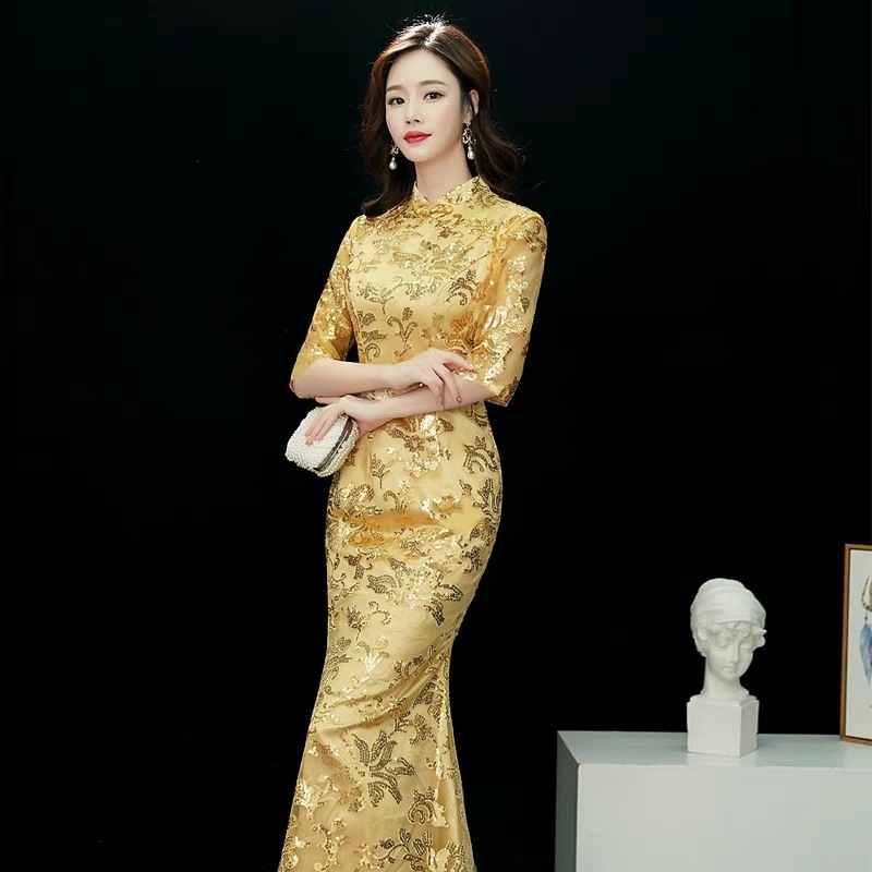 Fishtail Improved Cheongsam Long Chinese dress qipao Fashion Edition Annual  Party Evening Dress for Women