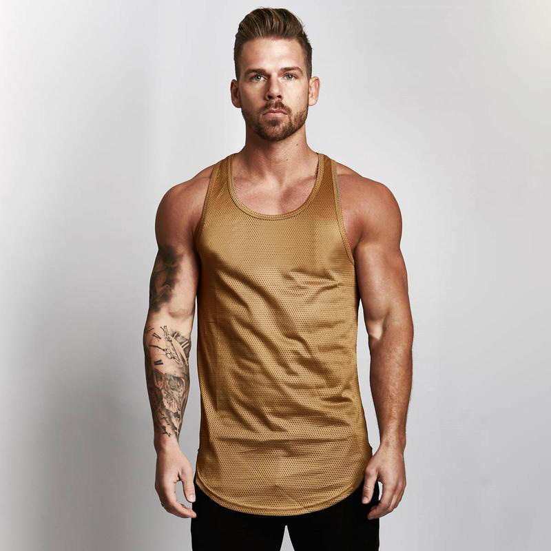 En blanco de malla slim fit fitness chaleco hombres europeos y americanos arco dobladillo deportes gimnasio base transpirable de secado rápido chaleco image 7
