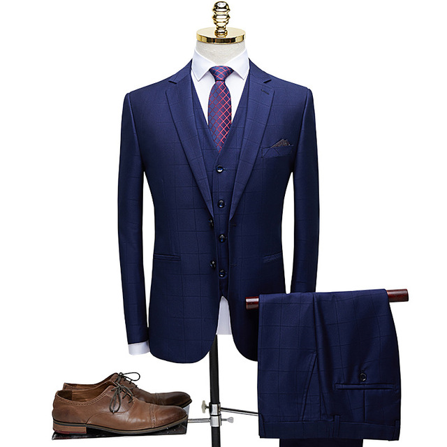 Men’s Plaid casual suit suit men’s Korean slim Blue Plaid three piece suit