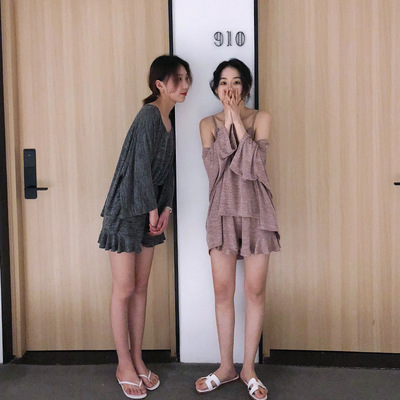 【无痕代发】夏小宅娃娃三件套吊带背心女睡衣套装夏季薄款短裤|ms