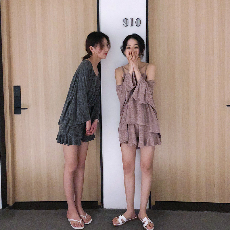 【无痕代发】夏小宅娃娃三件套吊带背心女睡衣套装夏季薄款短裤|ms