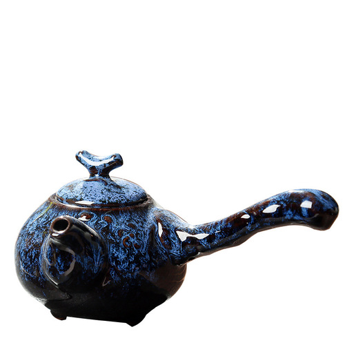 A Jianzhan kiln-transformed Tianmu glaze teapot with side handle, single teapot, small capacity, high-end ceramic tea set, gift with logo printing available