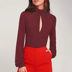 High neck long sleeve open chest fashion thin solid color pleated T-shirt for women