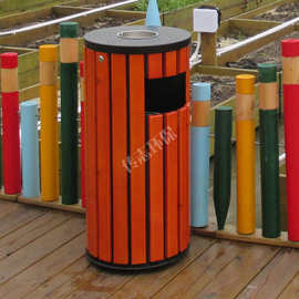 户外果皮箱圆柱形钢木垃圾桶单筒厂家林园景区公园环卫垃圾箱批发