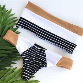 新款欧美泳装横条纹泳衣女士比基尼拼色锦纶双面穿游泳衣抹胸8076