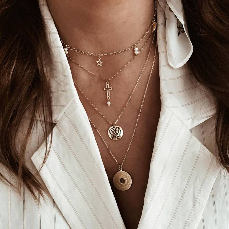 A1611 foreign trade new necklace Wild star cross Pearl Heart geometric hollow multi-layer necklace