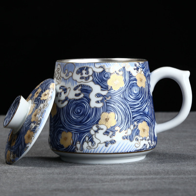 999纯银鎏银茶杯个人杯陶瓷马克杯水杯茶具青花瓷带盖会议办公杯|ms