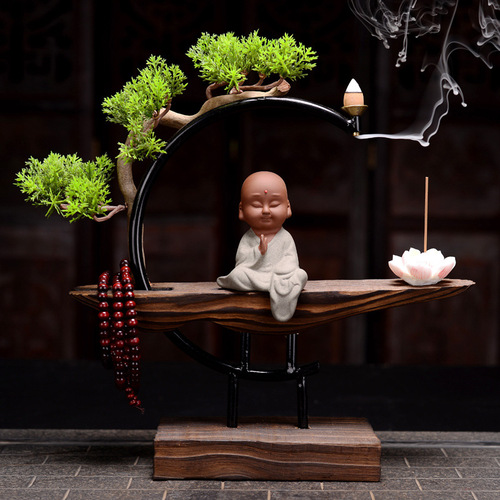 Chinese Zen style weathered wood ornaments creative backflow incense burner little monk large household agarwood and sandalwood aromatherapy burner