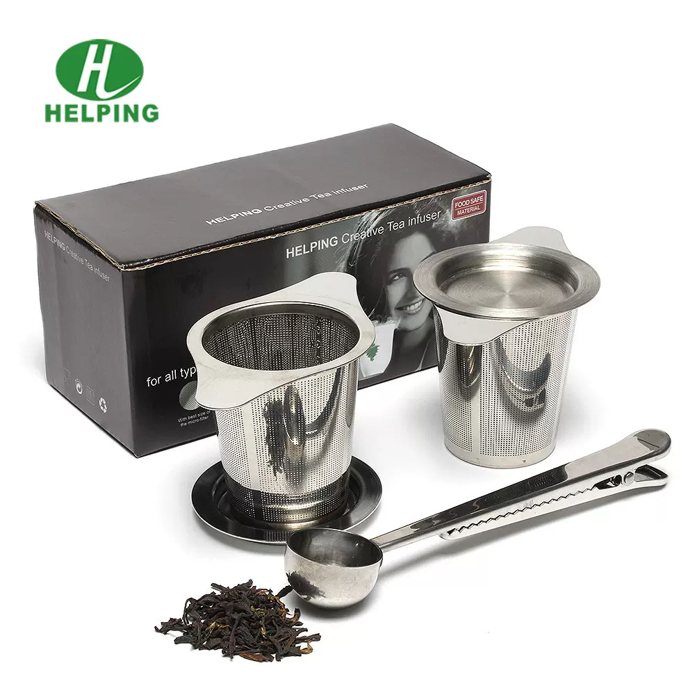 现代简约304不锈钢滤茶器 办公室泡茶器 双耳带盖茶漏茶勺套装