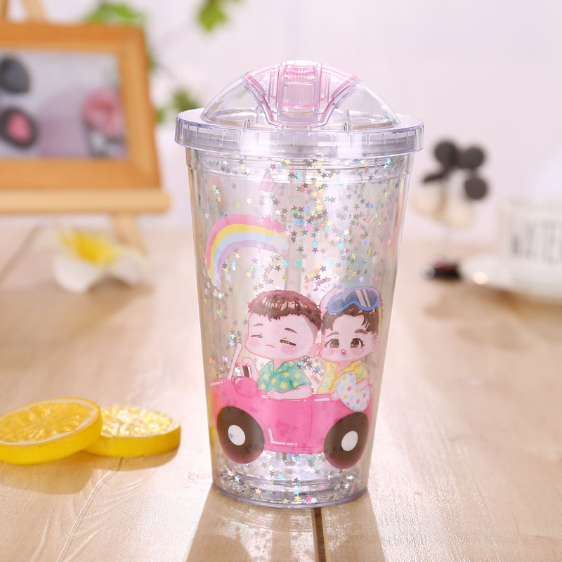 Taza de agua directa de fábrica patrón personalizado unicornio taza ins chica corazón doble capa taza de paja de plástico taza