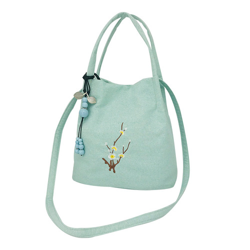 Cotton and linen bags, ancient style Han elements, Hanfu cross-body large suction buckle bucket bag, Chinese style floral retro embroidery bag