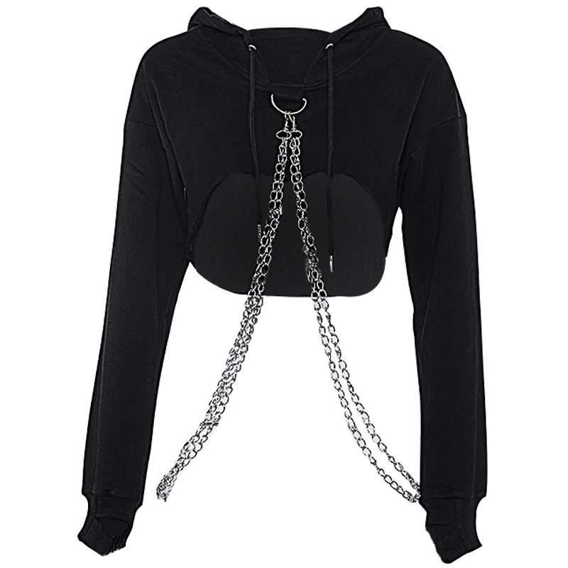 fashion chain decor cropped hooded sweatshirt NSMEI54860