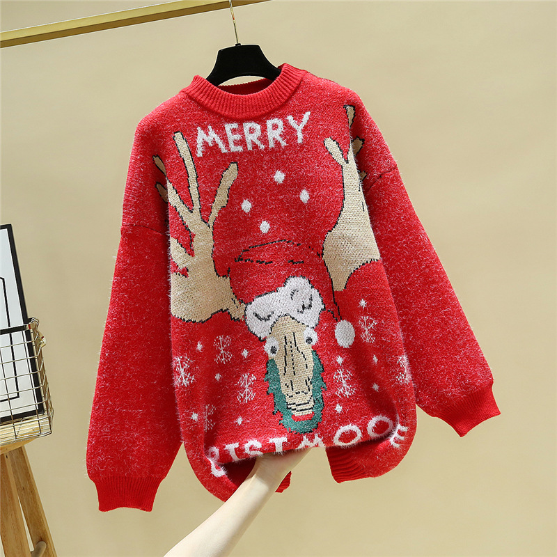 跨境热销新款韩版圆领套头小鹿图案毛衣女圣诞节麋鹿超宽松毛衣