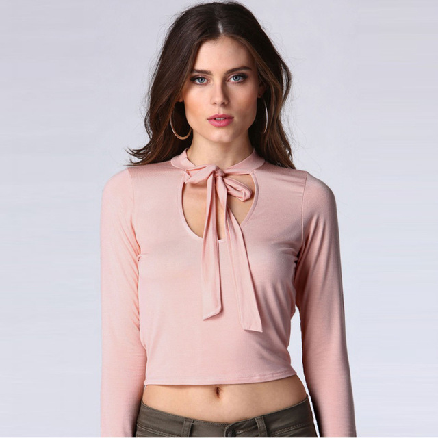 Fashion Summer New Sexy Hollow Tie Long Sleeve Short T-shirt