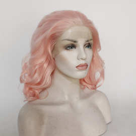前蕾丝化纤大卷假发 欧美女士粉色短卷发 高温丝头套支持代发