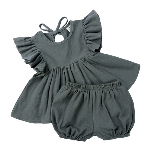 Foreign trade children's clothing Korean style girls summer cotton and linen suit baby girl thin flying sleeve top shorts two-piece set