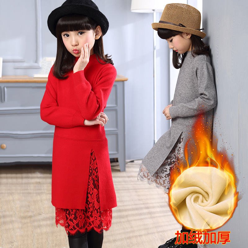 女童儿童冬季新款蕾丝拼接开叉中长款高领打底针织衫毛衣连衣裙|ru