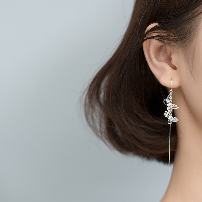 Eloch s925 línea de auriculares de plata para mujeres estilo japonés y coreano pequeño fresco hueco mariposa caja joyería de auriculares G3493