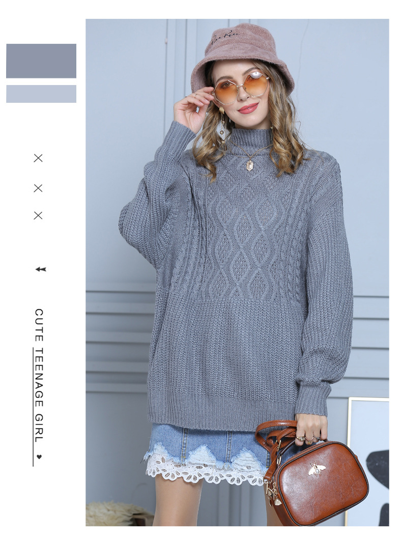 plus size women s lantern sleeve half high neck flower pullover mid-length base sweater NSYH7184