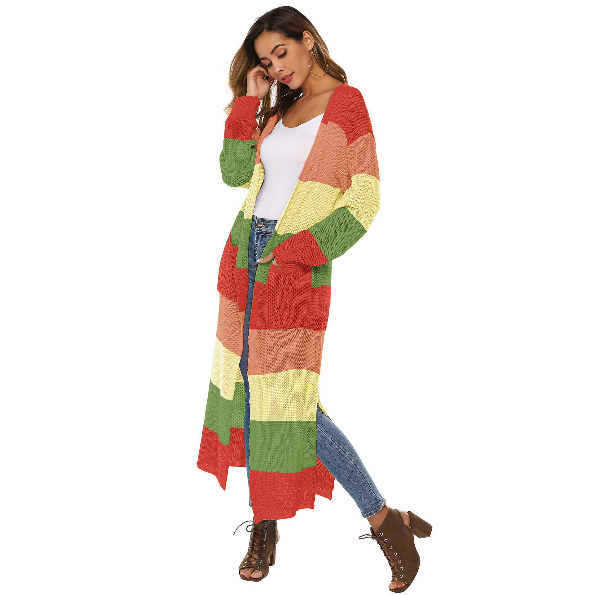 color stitching stripes slit big pockets long jacket NSOY26842