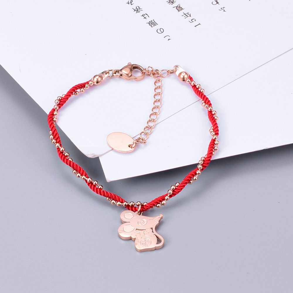 Corde Rouge Femme Mince Zodiaque Rat Année Natale Corde À Main Bracelet En Acier Titane display picture 1