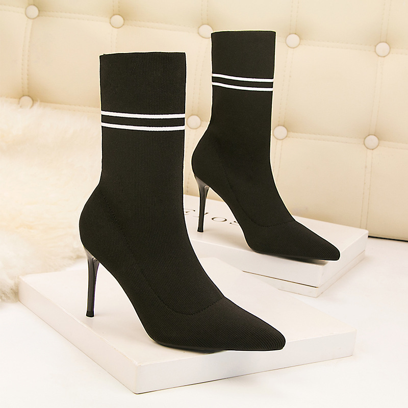 608-2 High Heel Thin Heel Pointed Toe Boots Sexy Trimmer Skinny Socks Boots Knitted Socks Short Boots Stretch Socks Boots
