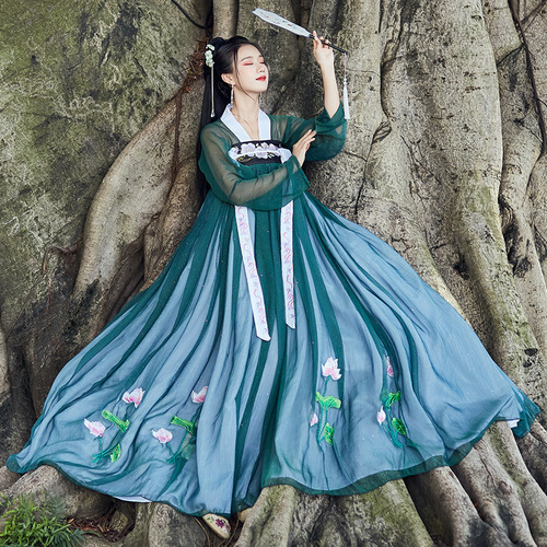 Women traditional Chinese Hanfu green heavy industry dress