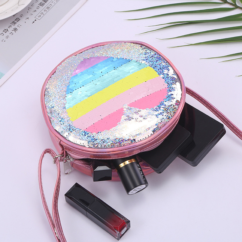 Moda nueva tendencia PU radium un hombro crossbody pieza corazón arco iris sirena unicornio lentejuelas niña detail image 8