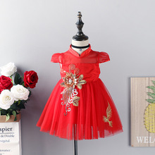 吧巴掌女童童裝寶寶夏裝連衣裙貼花網紗唐裝禮服裙1-3歲紅色1895