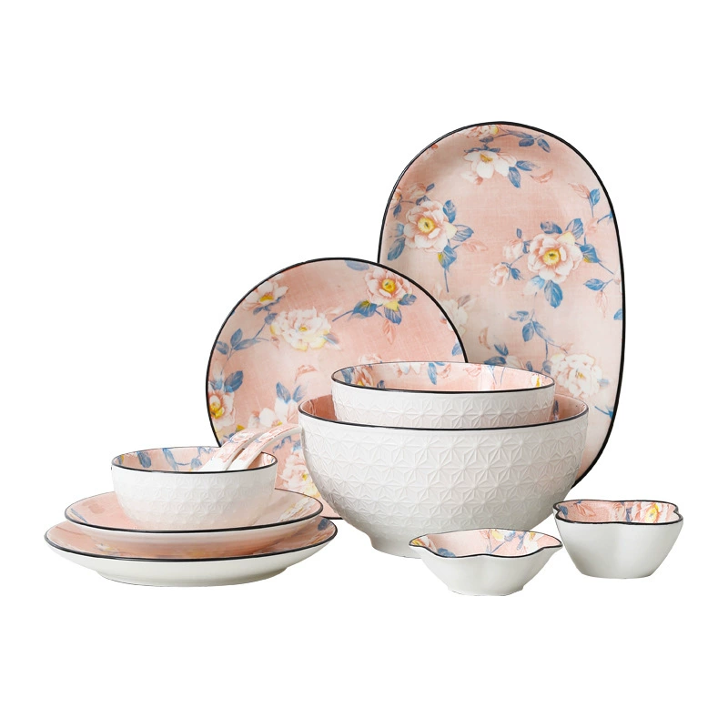 Чаша AiNi Ceramics Camellia — японский стиль, белая фактурная внешняя стенка, внутренняя розовая цветочная отделка, размеры 21.9×19.3×6 см