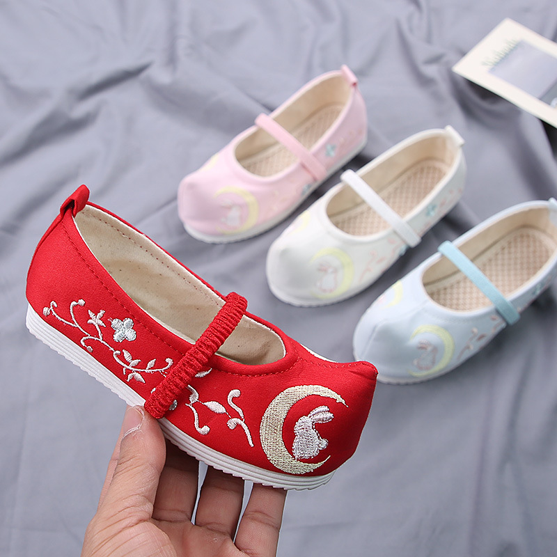 汉服女童老北京绣花鞋牛筋底翘头鞋复古民族风牛角鞋透气女童布鞋|ru