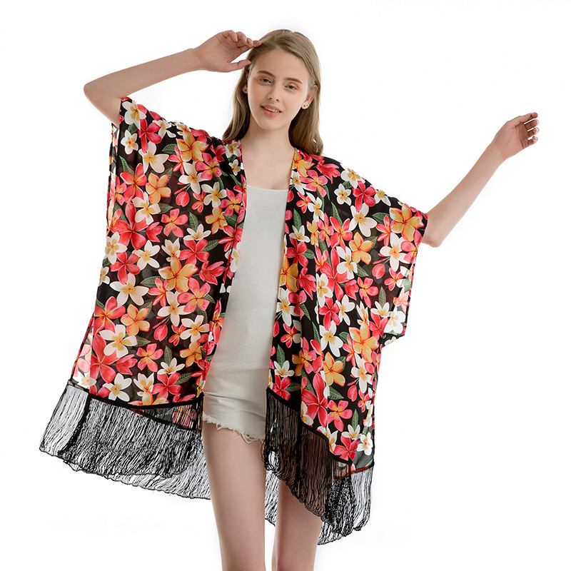 Chiffon Fringe Positioning Printing Beach Bikini Beach Cardigan Women Kimono