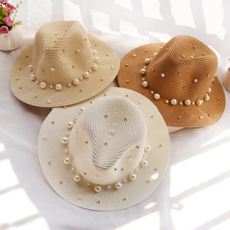 Wide-brimmed top hat, pearl sun hat, summer hat for women, Korean version, vacation and outing, beach hat, sun protection and shade hat detail image 1