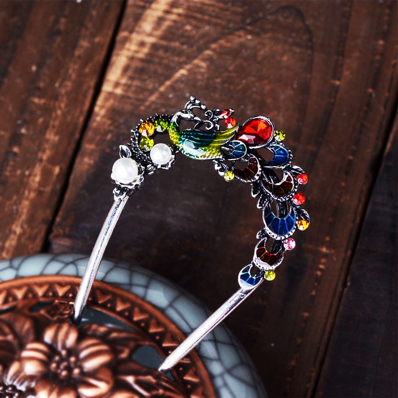 Chinese-style ancient costume headwear U-shaped hairpin bridal hair accessories alloy hair comb peacock-shaped rhinestone hair comb