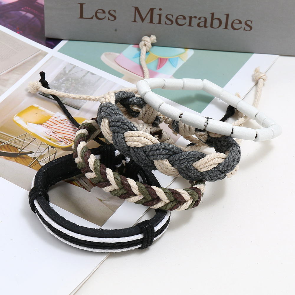 Hemp Rope Woven Bracelet Simple Wooden Beads Four-piece Leather Bracelet display picture 2