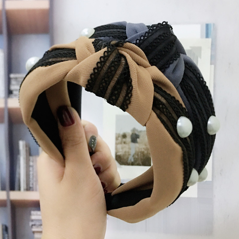 2021 Neuer Stil Spitze Stirnband Koreanische Version Ins Wind Breite Kante Mitte Geknotet Perlens Toff Haarschmuck Gesicht Waschen Stirnband Frauen display picture 7