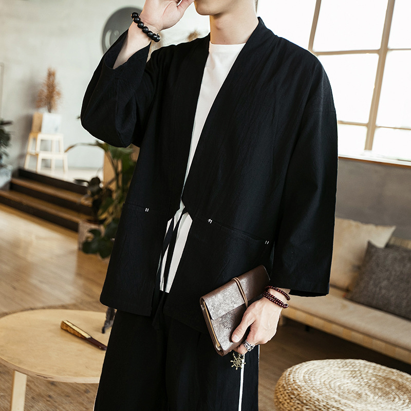 Foreign Trade Style Summer Chinese Style Hanfu Japanese Style Cardigan Men's Kimono Jacket Half Sleeve Jacket Coat Trendy