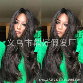 新款欧美假发厂时尚女士 中分长卷发 黑色自然卷发 长发现货wigs
