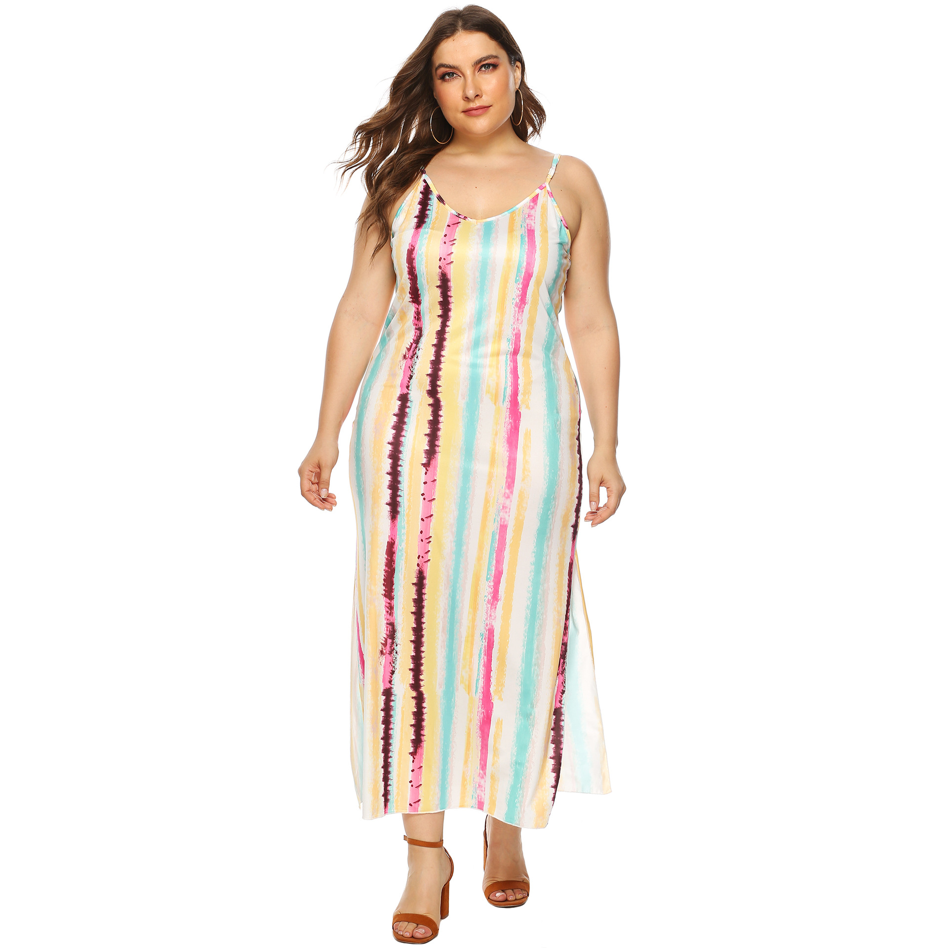 plus size stripe printing sexy open back dress NSOY45960