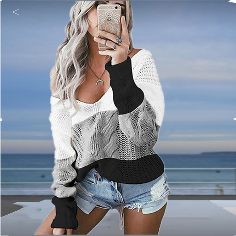 Ropa de mujer transfronteriza AliExpress Amazon popular europeo y americano prendas de punto en V color sólido contraste color Twist pullover mujeres