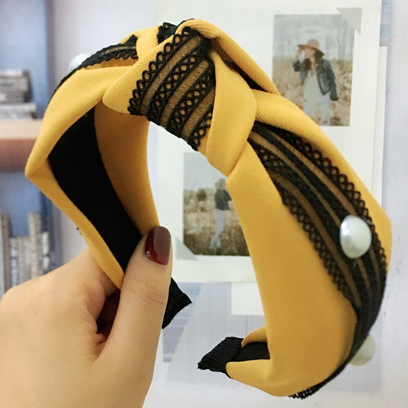 Korean new style lace headband Korean wide side knotted pearl headband