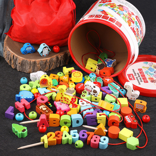 Larger Hand Holds Smaller Hand Wooden Bead Stringing 100 Pcs Number Letter City Transportation Fruits Vegetables Farm Children's Toy