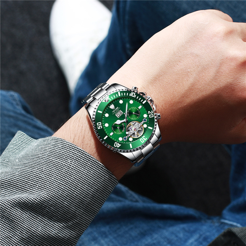 TEVISE reloj mecánico automático para hombre multifunción hueco luminoso impermeable transparente inferior reloj mecánico T823F